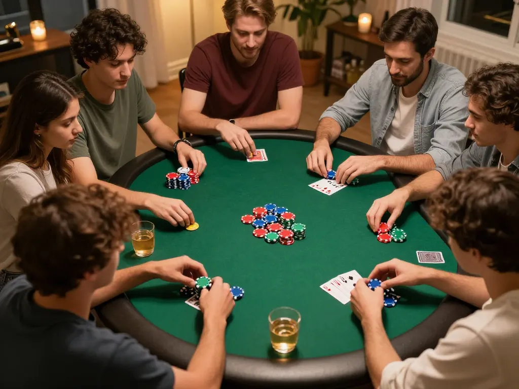 Friends enjoying a poker night, showcasing an engaging gameplay scene on 888top.