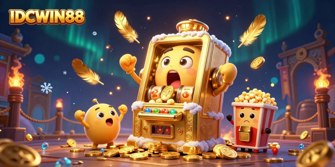 Experience the thrill of winning with IDCWIN88 as the golden slot machine celebrates a jackpot surrounded by coins and cheering characters.