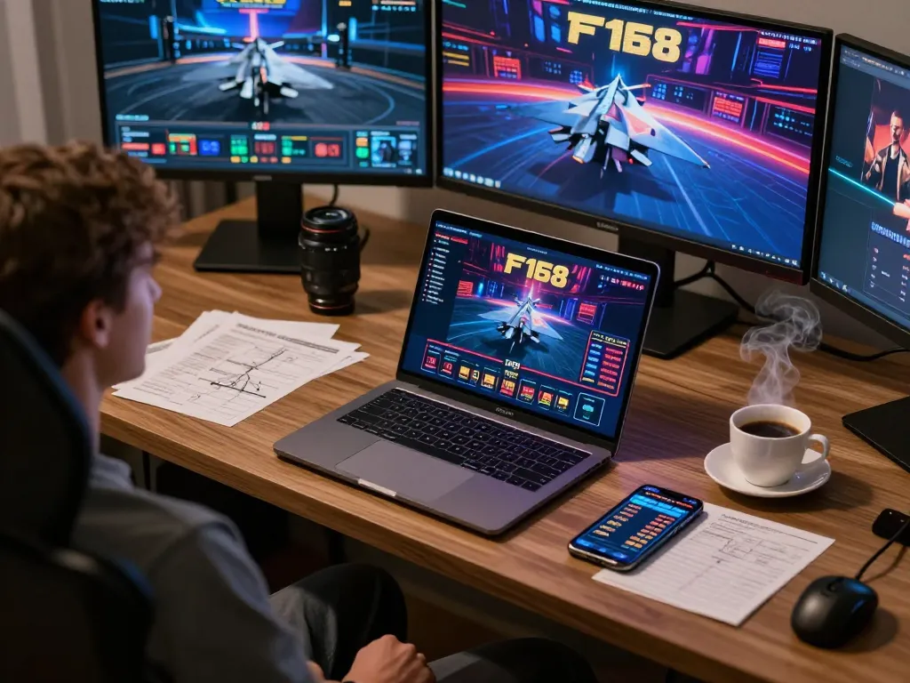 Engaging F168 online gaming session in a stylish home office with vibrant casino interface.