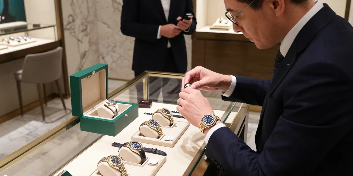 Customer exploring high-end clone watches in luxury retail setting, showcasing elegance and craftsmanship.