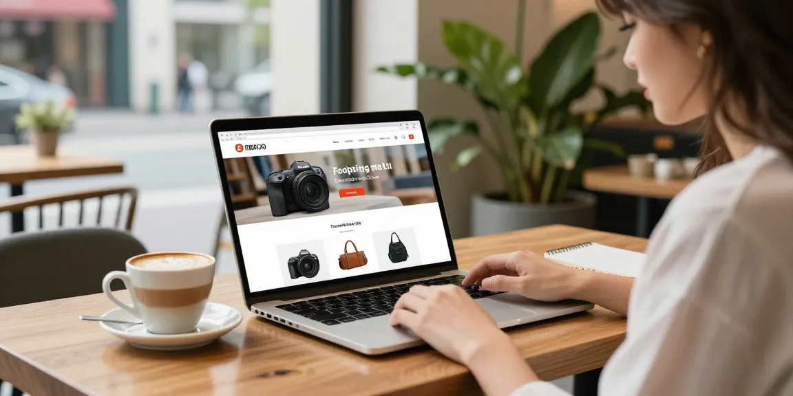 Shopping online at a 레플리카 쇼핑몰 in a trendy café setting with a modern laptop and coffee.