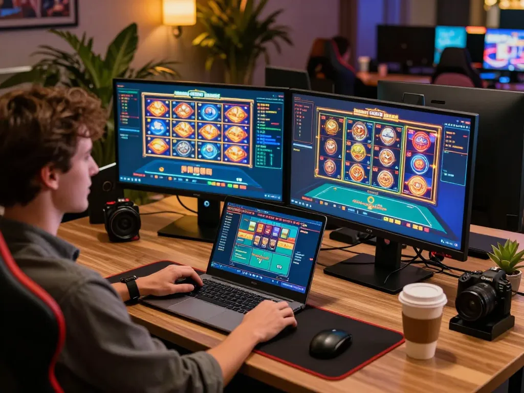 Open88 user excitedly engaging in online slot games during a cozy home gaming session.