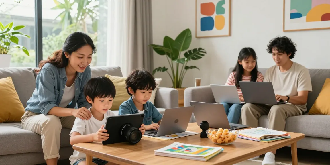 Familia usando etb internet hogar Medellín para aprender y trabajar desde casa con un ambiente acogedor.