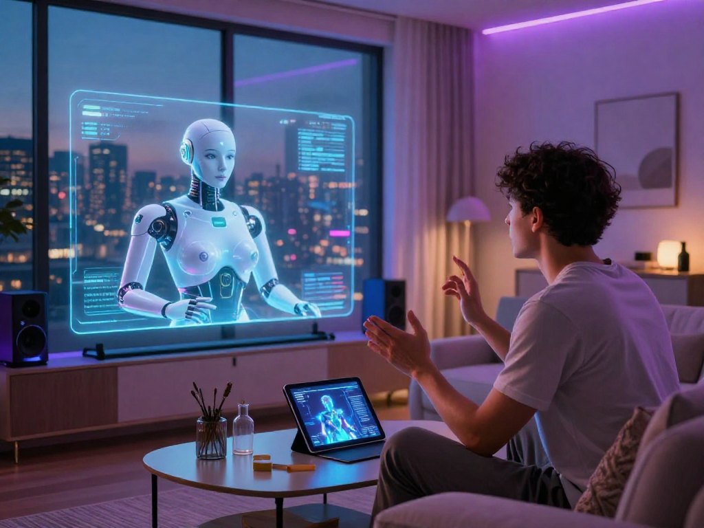 Engaging moment with a lifelike sex bot in a futuristic living room