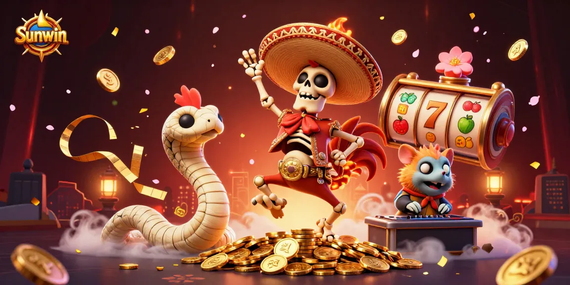 Win big with Sunwin in this vibrant casino party scene featuring animated characters and dynamic slot reels.