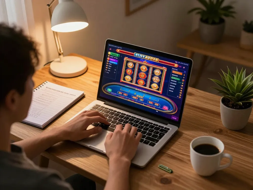 Engaging with casino online stranieri on a laptop, surrounded by gaming strategy notes in a comfortable home setting