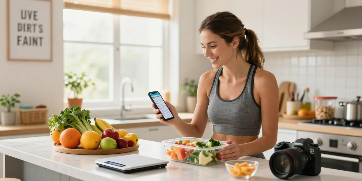 Nutritionist using the best AI macro tracker app in a bright kitchen to review meal prep.