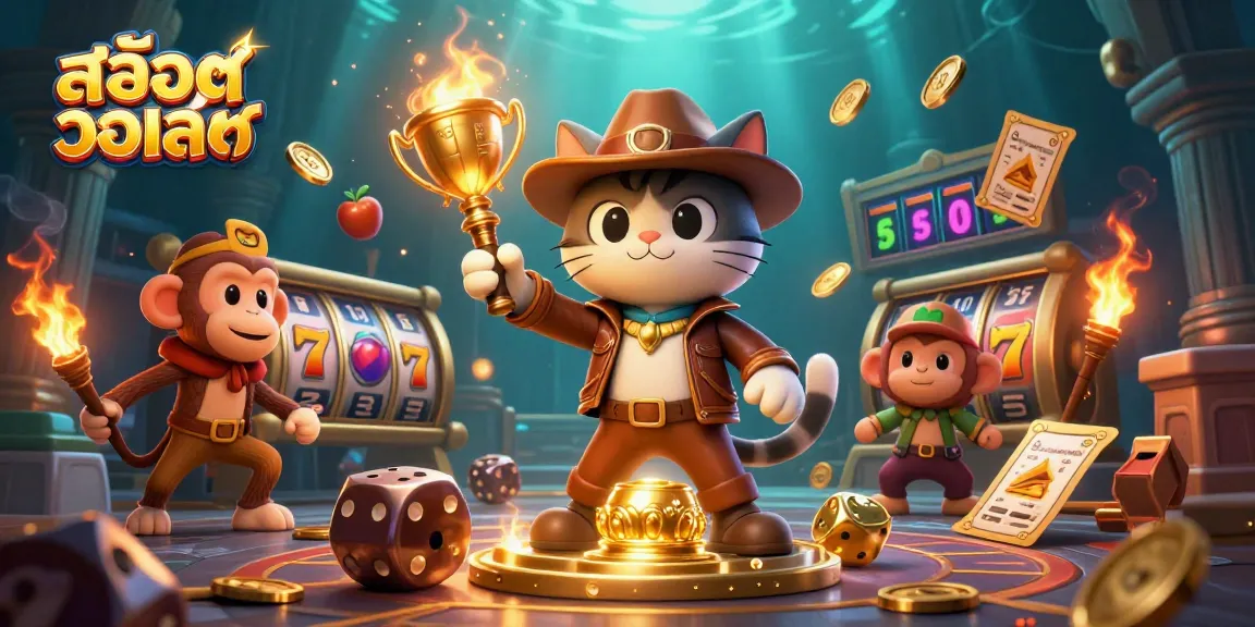 Experience thrilling สล็อตวอเลท action with a 3D cartoon explorer unveiling golden artifacts in a vibrant casino.