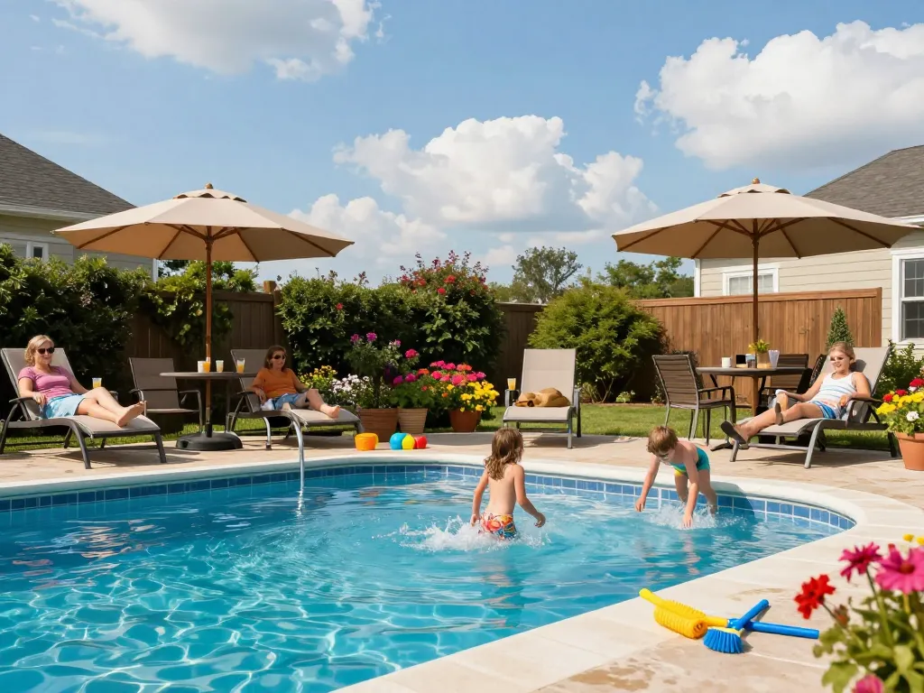 Dolphin Pool Services creates joyful family moments at a beautiful swimming pool in Virginia.