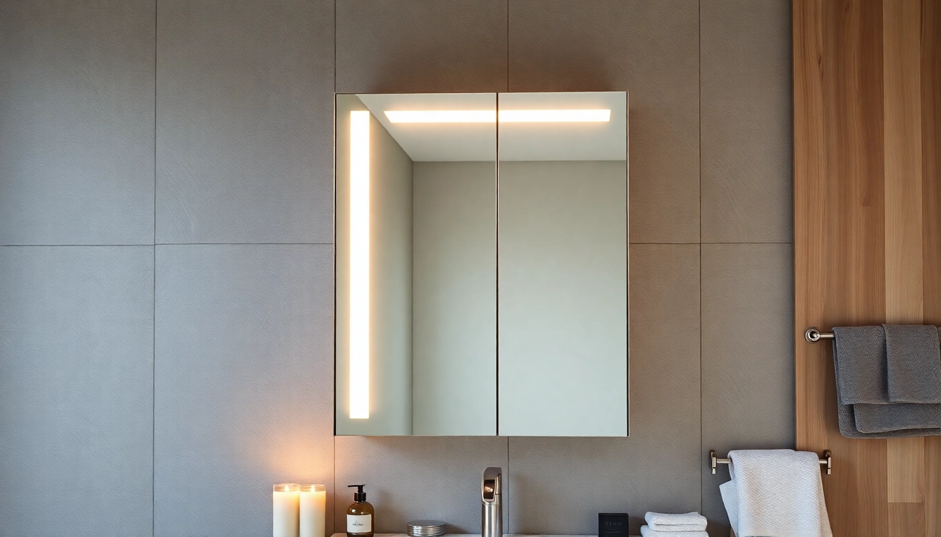 Stylish bathroom cabinet with mirror and light featuring modern design and integrated lighting.