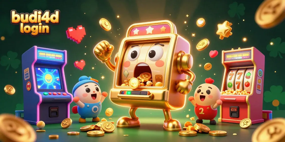 Engage with the vibrant budi4d login interactive scene showcasing golden slot machines celebrating jackpots, enriched with casino elements.