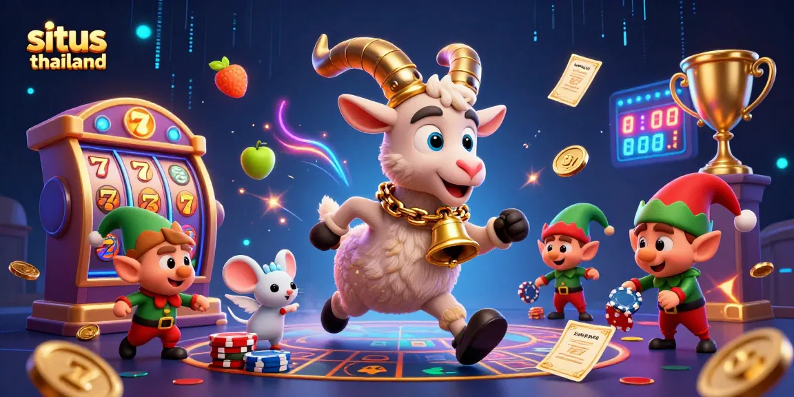 Situs Thailand reels spin as Krampus, an angel mouse, and gremlins steal poker chips in a vibrant casino.