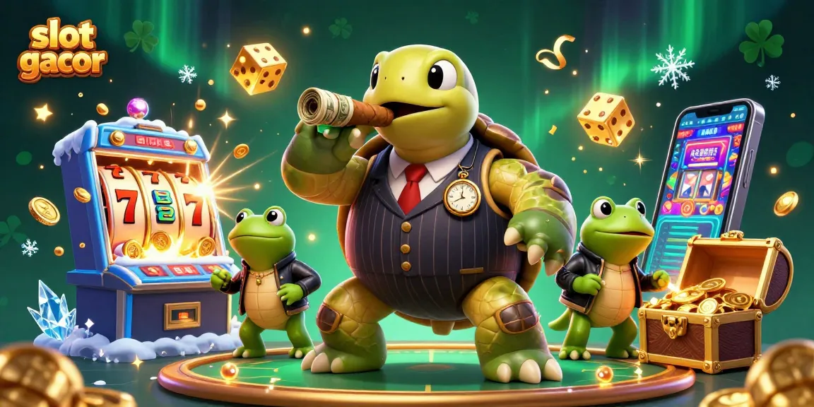 Experience the thrill of slot gacor with a vibrant 3D casino scene featuring a snapping turtle and bullfrog enforcers.