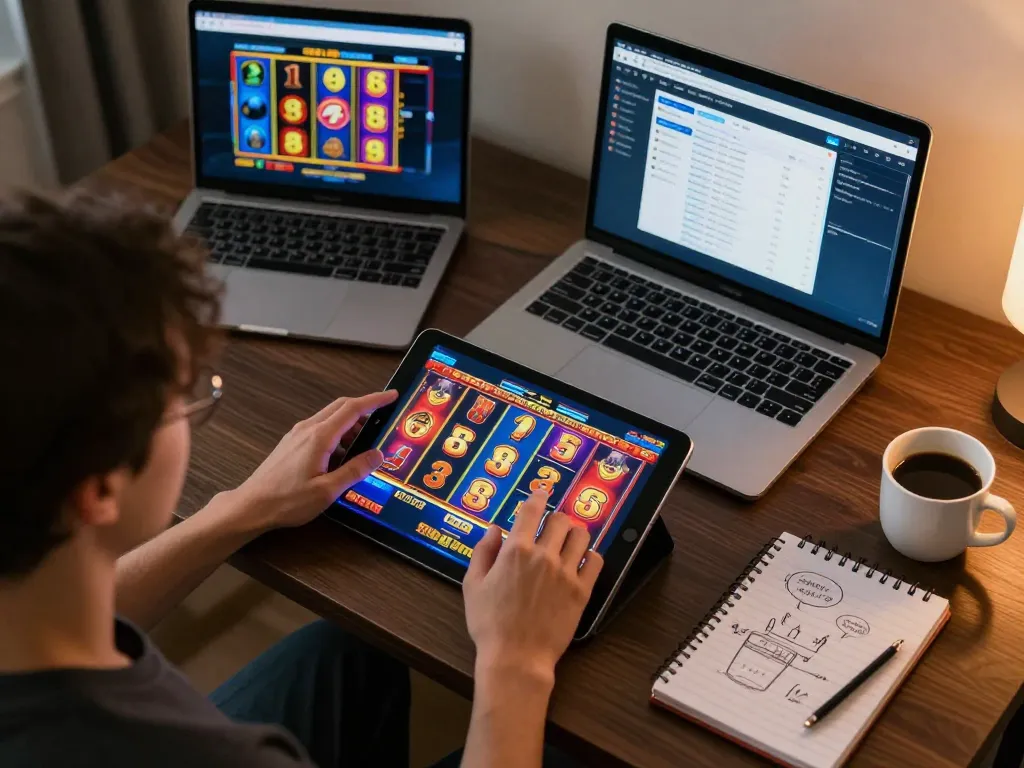 Pengguna DASI4D menikmati pengalaman permainan slot online yang menarik di tablet, menampilkan gulungan kemenangan yang cerah dan pengaturan yang nyaman.