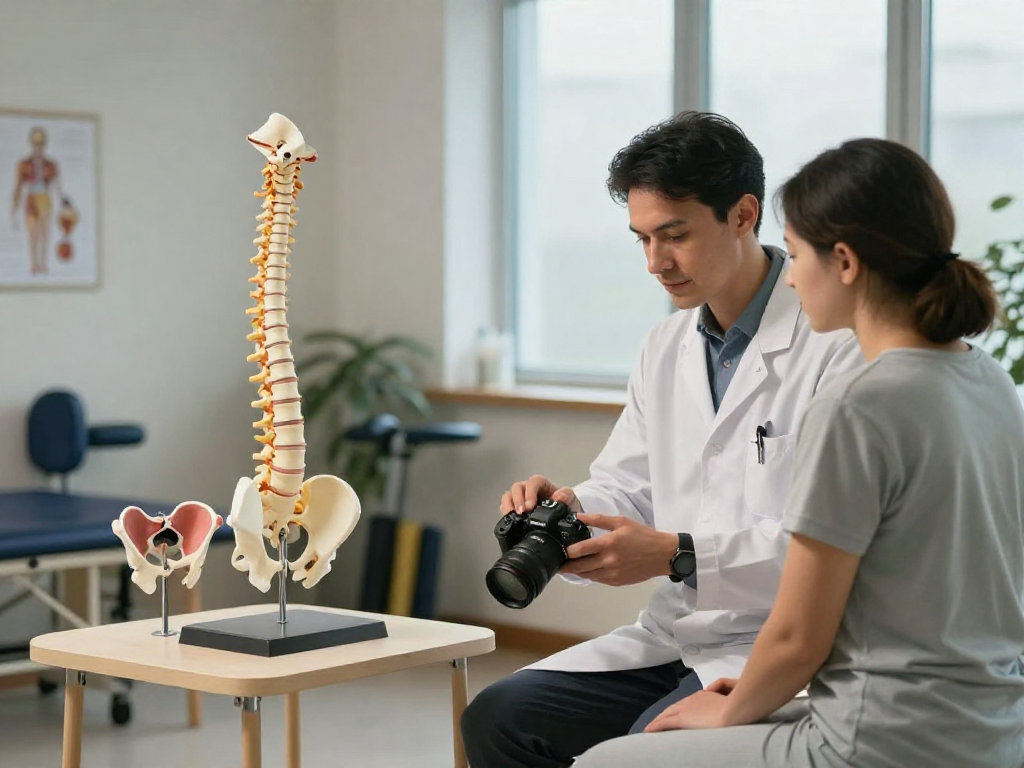 Consultation on bel fıtığı ameliyatı in a health clinic, showcasing patient-doctor interaction and treatment options.