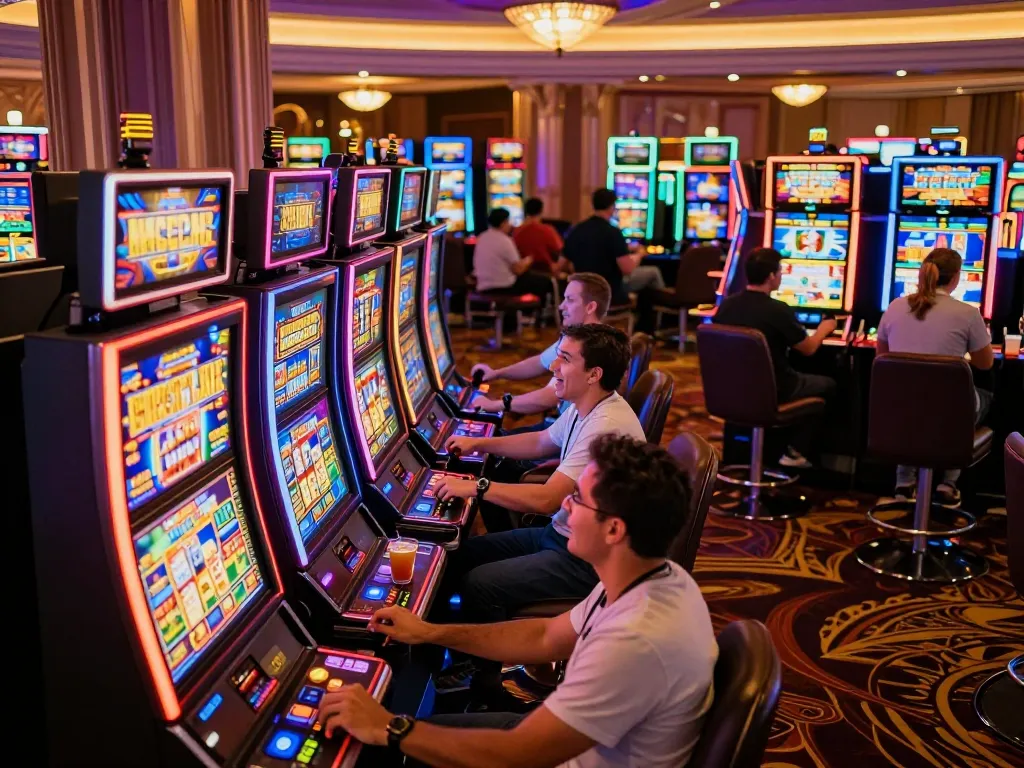 Players engaging in a slot bet 100 strategy under vibrant casino lights, showcasing exciting gambling moments.