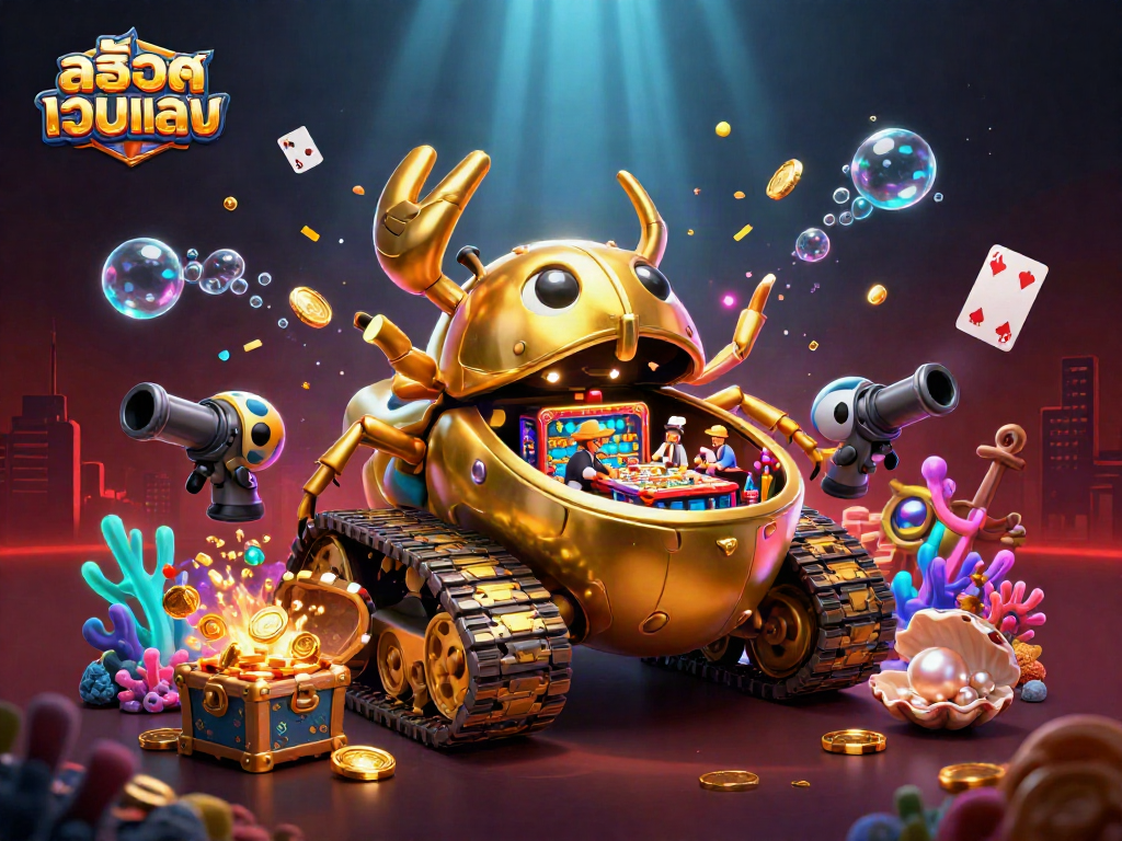 Experience the thrill of สล็อตเว็บตรง with a vibrant 3D casino inside a golden beetle tank, surrounded by treasures.