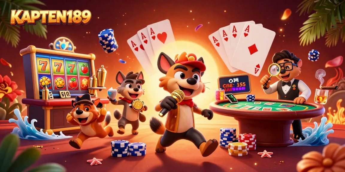 KAPTEN189 menghadirkan keseruan permainan slot dan kasino dalam ilustrasi 3D yang penuh warna dan detail.