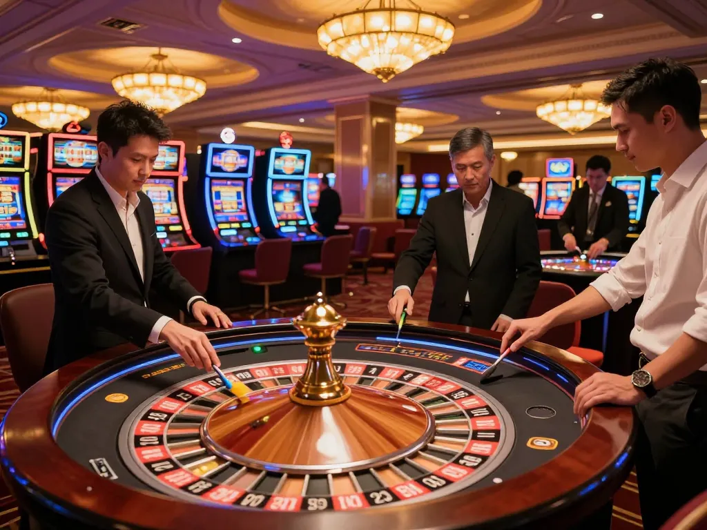 Players engage in thrilling roulette gameplay at 123b casino, vibrant ambiance and excitement.