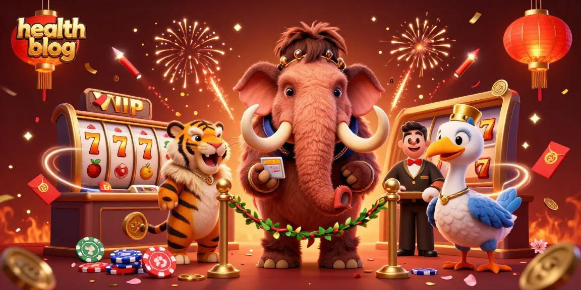 Engaging health blog illustration featuring a woolly mammoth bouncer in a casino setting welcoming guests.