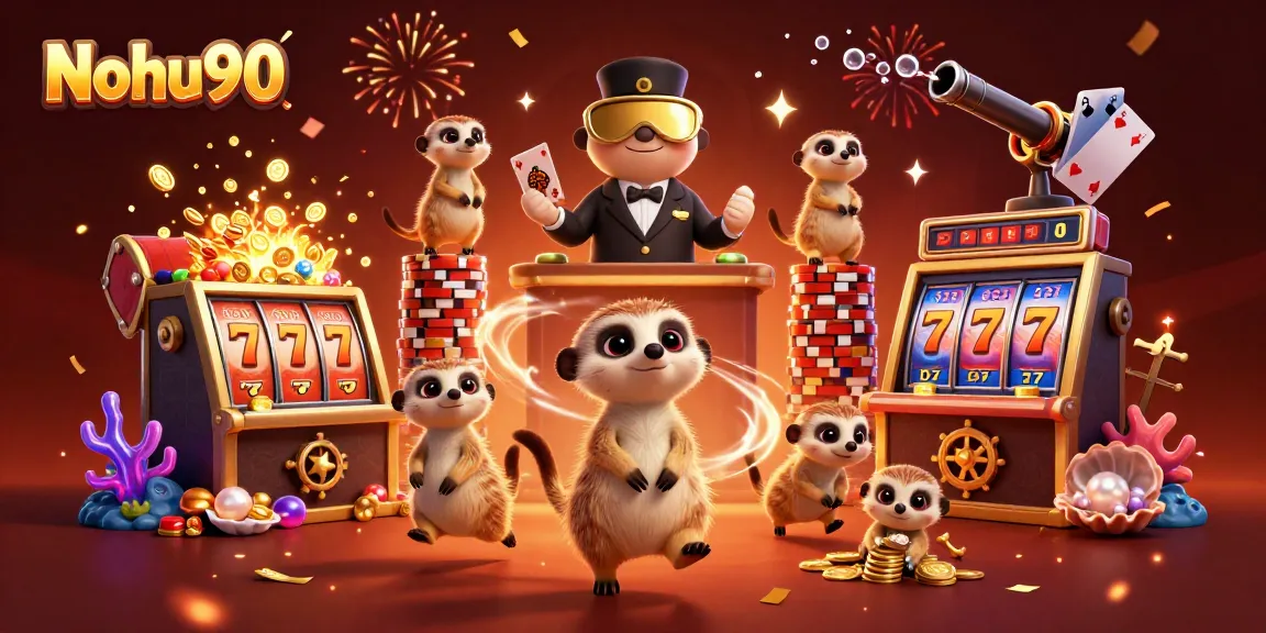 Nohu90 players winning big at a vibrant casino scene with engaging slot machines and meerkat characters.