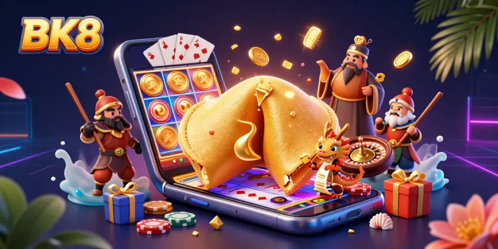 Experience thrilling gameplay at BK8 with a dynamic 3D illustration showcasing an exciting online casino atmosphere.
