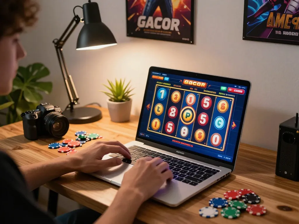 Engaging in slot gacor gameplay online with colorful reels and cozy home atmosphere.