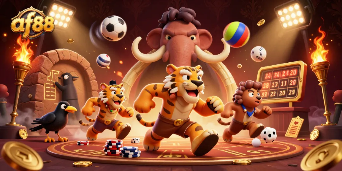 Experience thrilling gameplay at af88 with a dynamic prehistoric casino scene featuring vibrant sports elements.