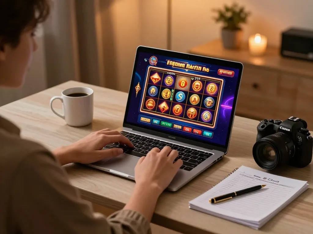 Pentaslot login screen displayed on laptop, showcasing an engaging slots game interface and cozy gaming setup.