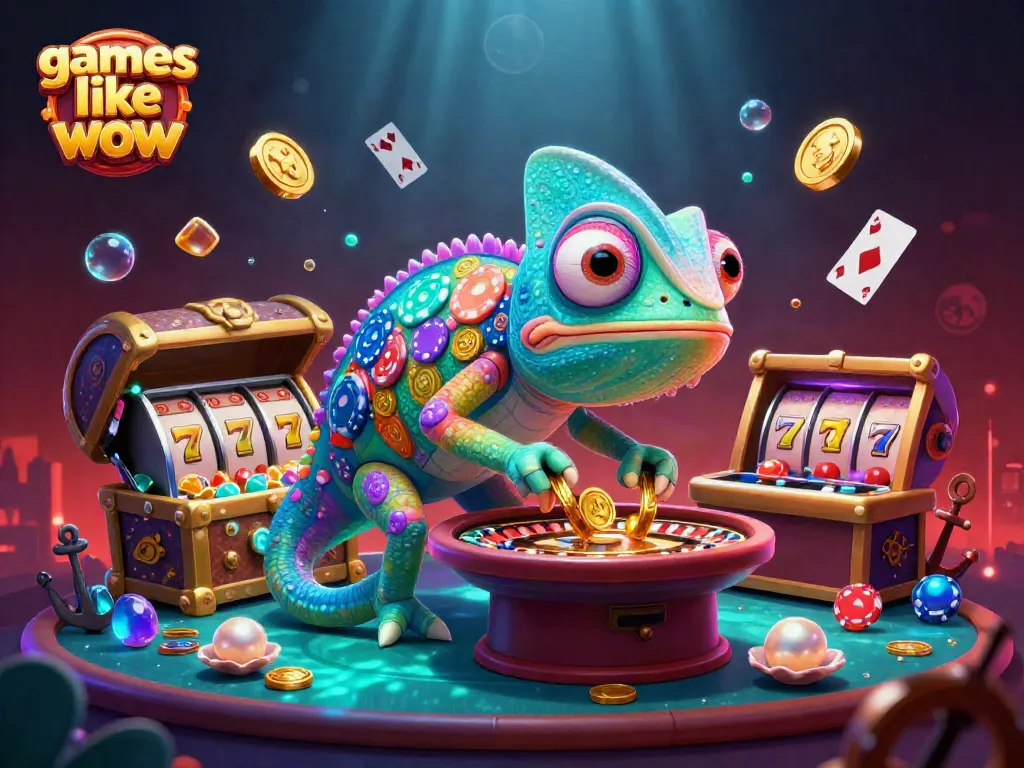 Enjoy games like wow vegas with this vibrant illustration featuring a chameleon owner and colorful casino elements.