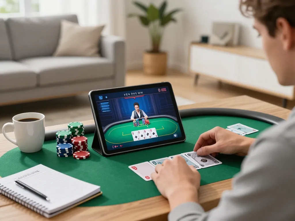 Player enjoying tg88 online poker game at home, showcasing strategic gameplay and cozy atmosphere.