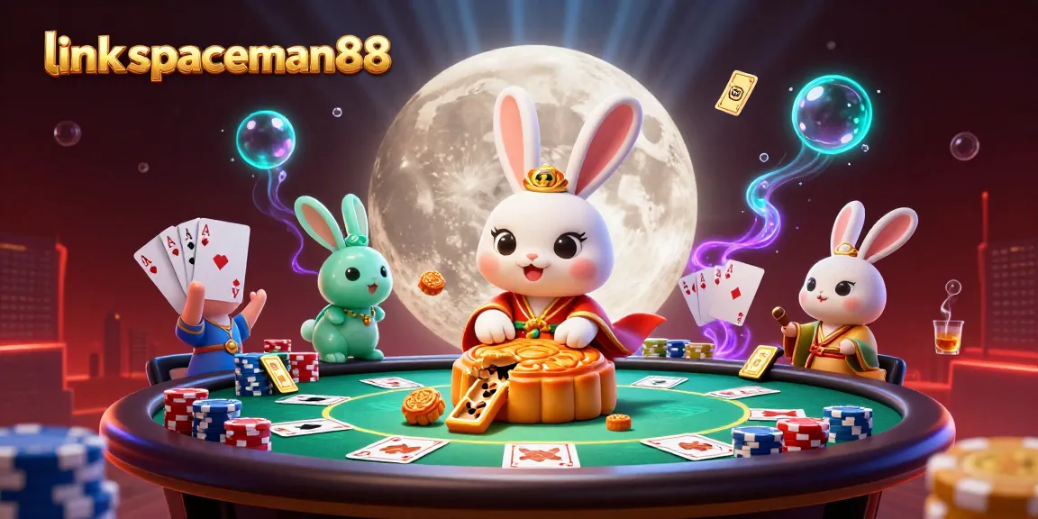 Engage with link spaceman88 as a moon rabbit reveals poker chips in a vibrant casino scene.
