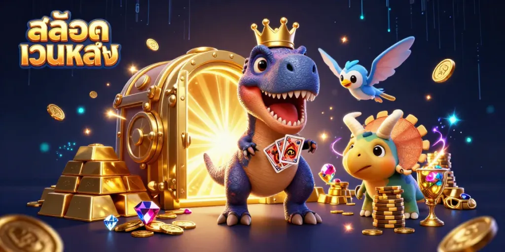 Engage with สล็อตเว็บตรง featuring vibrant T-Rex and friends in a treasure-filled casino scene