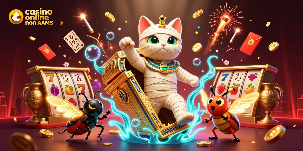 Gioca nei casino online non AAMS con una mummia egiziana e simboli fortunati tra bombe di colore e giochi brillanti.