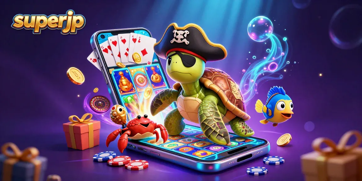 Spinning slot games with superjp themes, featuring cartoon turtle, hermit crab, and parrotfish in a vibrant underwater scene.