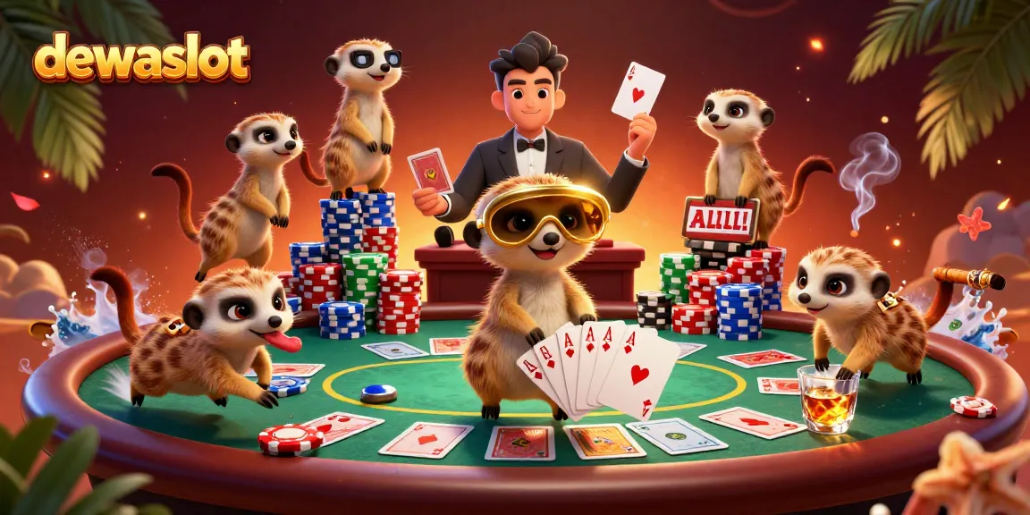 Dewa Slot menampilkan koloni meerkat yang menjalankan operasi kasino yang rumit, dengan suasana penuh warna dan detail.