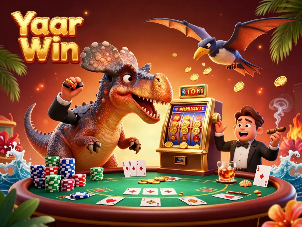 Yaar Win showcases a pachycephalosaurus winning coins at a slot machine amidst a casino scene.