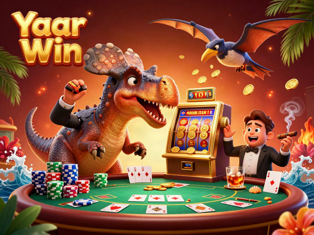 Yaar Win showcases a pachycephalosaurus winning coins at a slot machine amidst a casino scene.