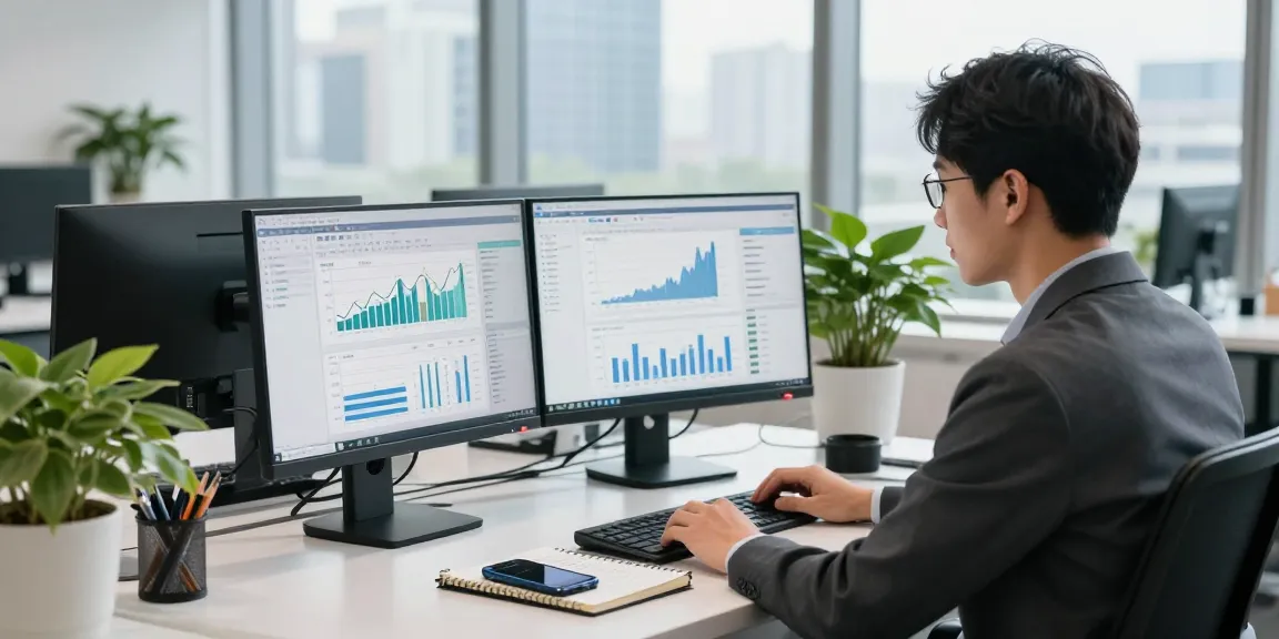 Professional analyzing asset tracing data in modern office with dual monitors.