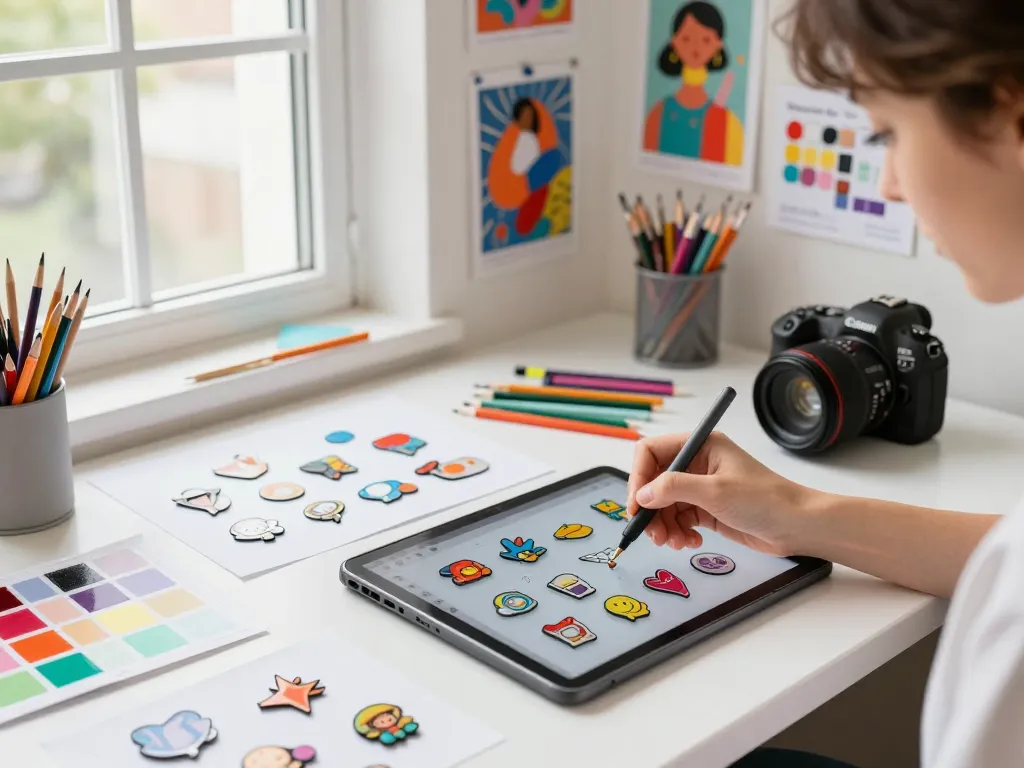 Designer creating custom acrylic pins surrounded by vibrant samples and tools.