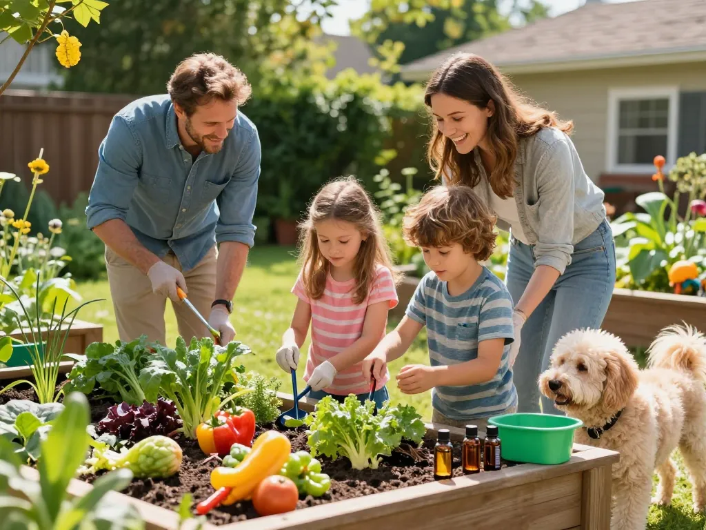 Pest control tips illustrated through a family engaging in natural pest management in their vibrant backyard garden.