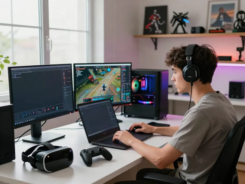 Focused gamer using G15Tools for tech insights and gameplay strategies in a modern home office.
