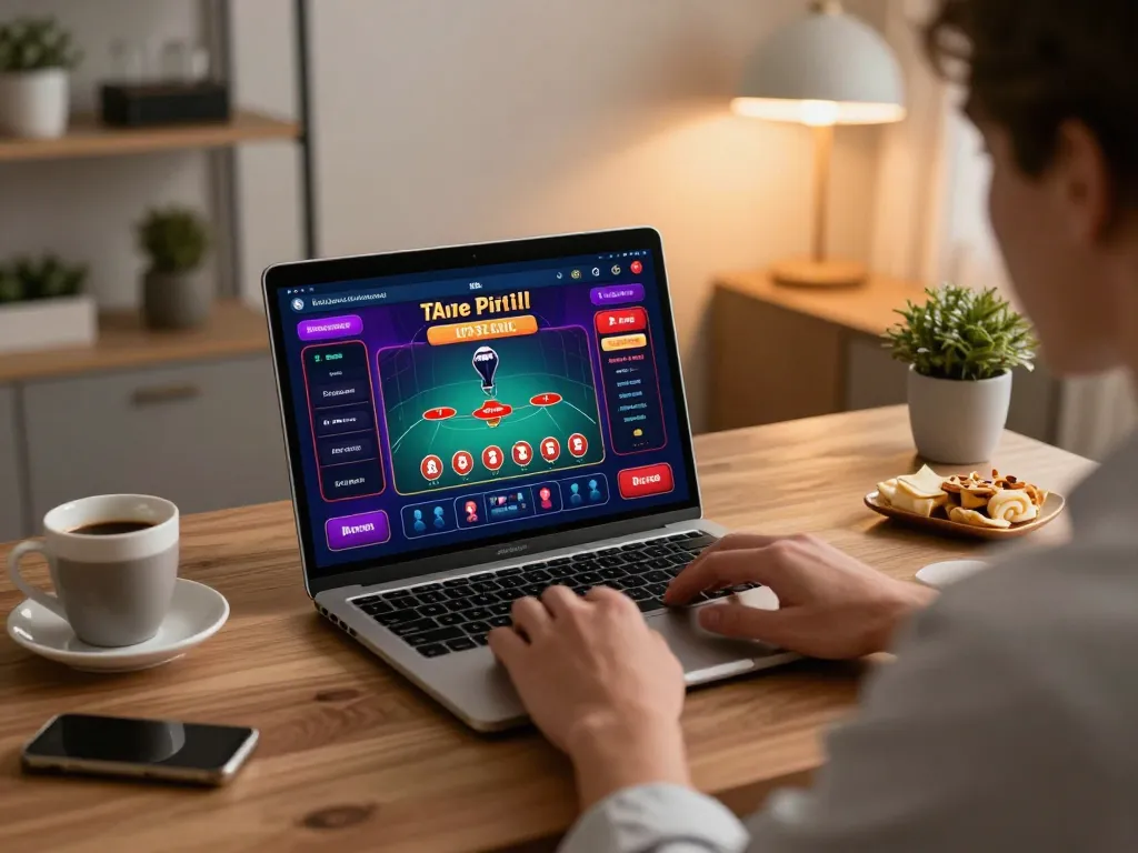 Player engaging in live blackjack on a laptop as part of Agen Casino Online gaming strategy in elegant home office.