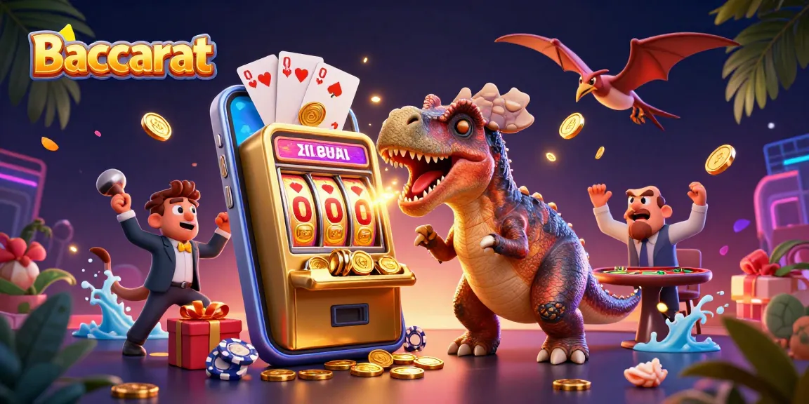 Baccarat action scene with cartoon characters interacting around a slot machine and colorful game elements.