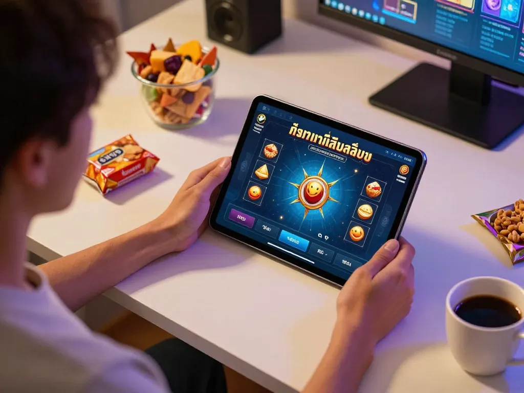Engaging in ทดลองเล่นสล็อต on a tablet during a cozy home gaming session, showcasing modern gambling.