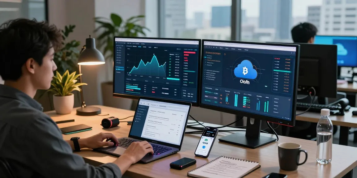 cloud mining without hardware workspace with cryptocurrency charts and digital wallet