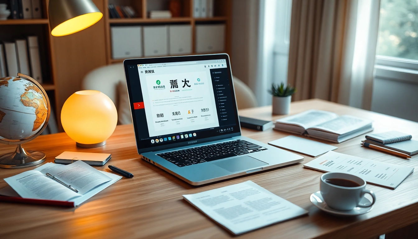Interactive digital workspace showcasing 有道翻译 with modern tools for translation.