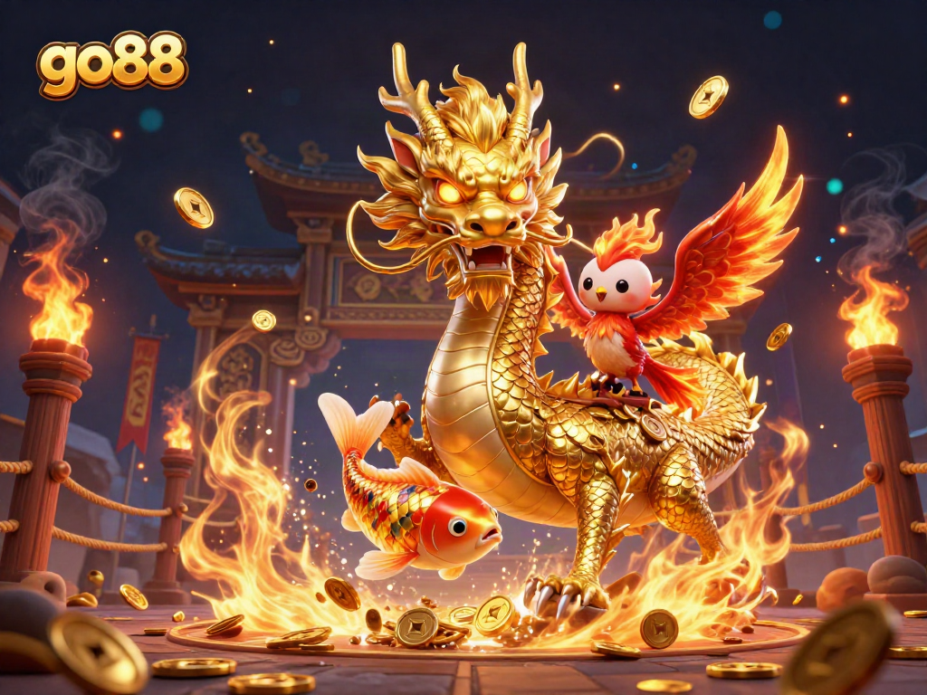 Engage with go88's vibrant casino world, showcasing a dragon, phoenix, and koi with dynamic gaming elements.
