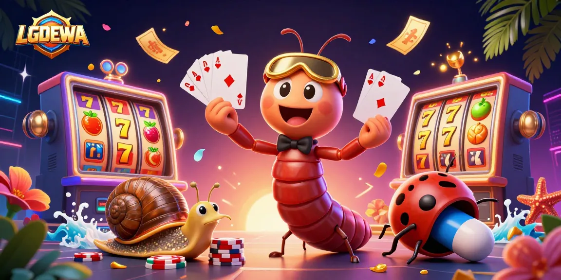 Play thrilling slots at LGODEWA with cartoon dealer showcasing vibrant game elements.