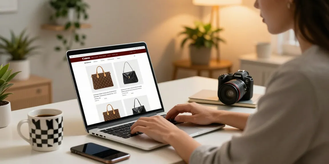 Engaging online shopping experience at a 레플리카 사이트 featuring high-quality replicas on a modern laptop.